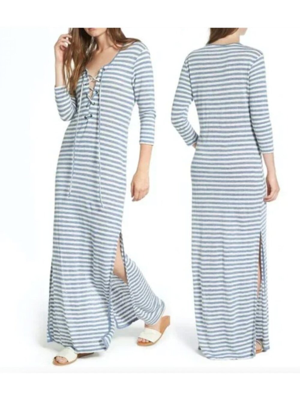 Adriano Goldschmied Maxi Dress Womens Medium Blue Linen Lace Up Claude Striped